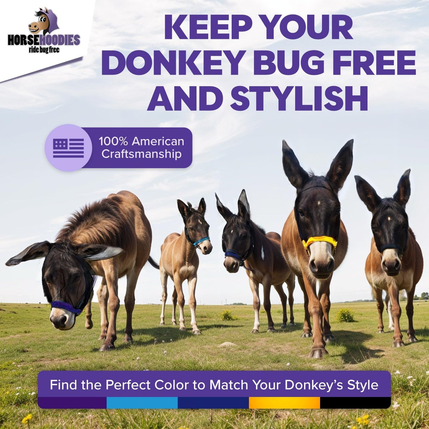 Donkey Fly Mask with Long Ears (Orange) Half Hoodie for Standard Donkey, Made in USA - Mule Fly Mask with Ears Protection from Insects and Bugs, Face Cover Soft Mesh Fabric with Adjustable Fastener