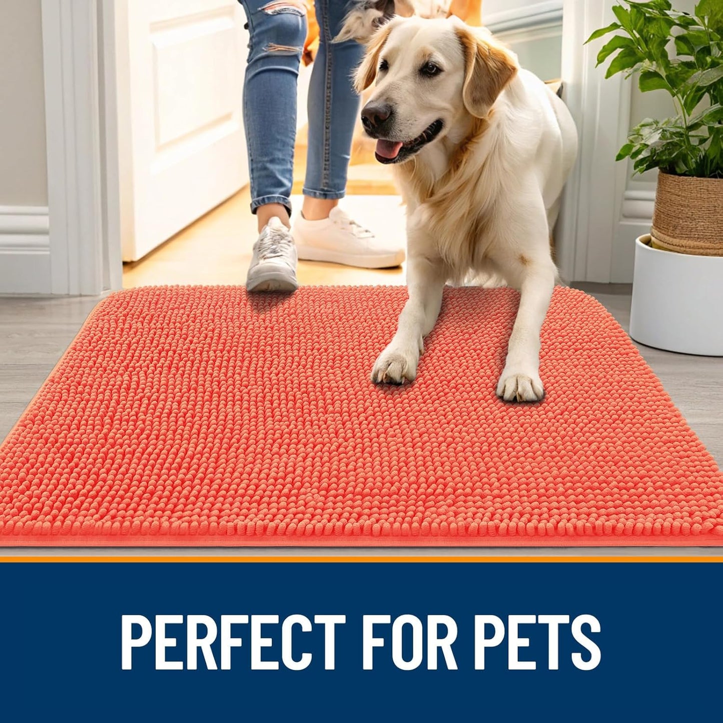 OLANLY Dog Door Mat for Muddy Paws 47x32, Absorbs Moisture and Dirt, Absorbent Non-Slip Washable Doormat, Quick Dry Chenille Mud Mat for Dogs, Entry Indoor Entryway Carpet for Inside Floor, Coral