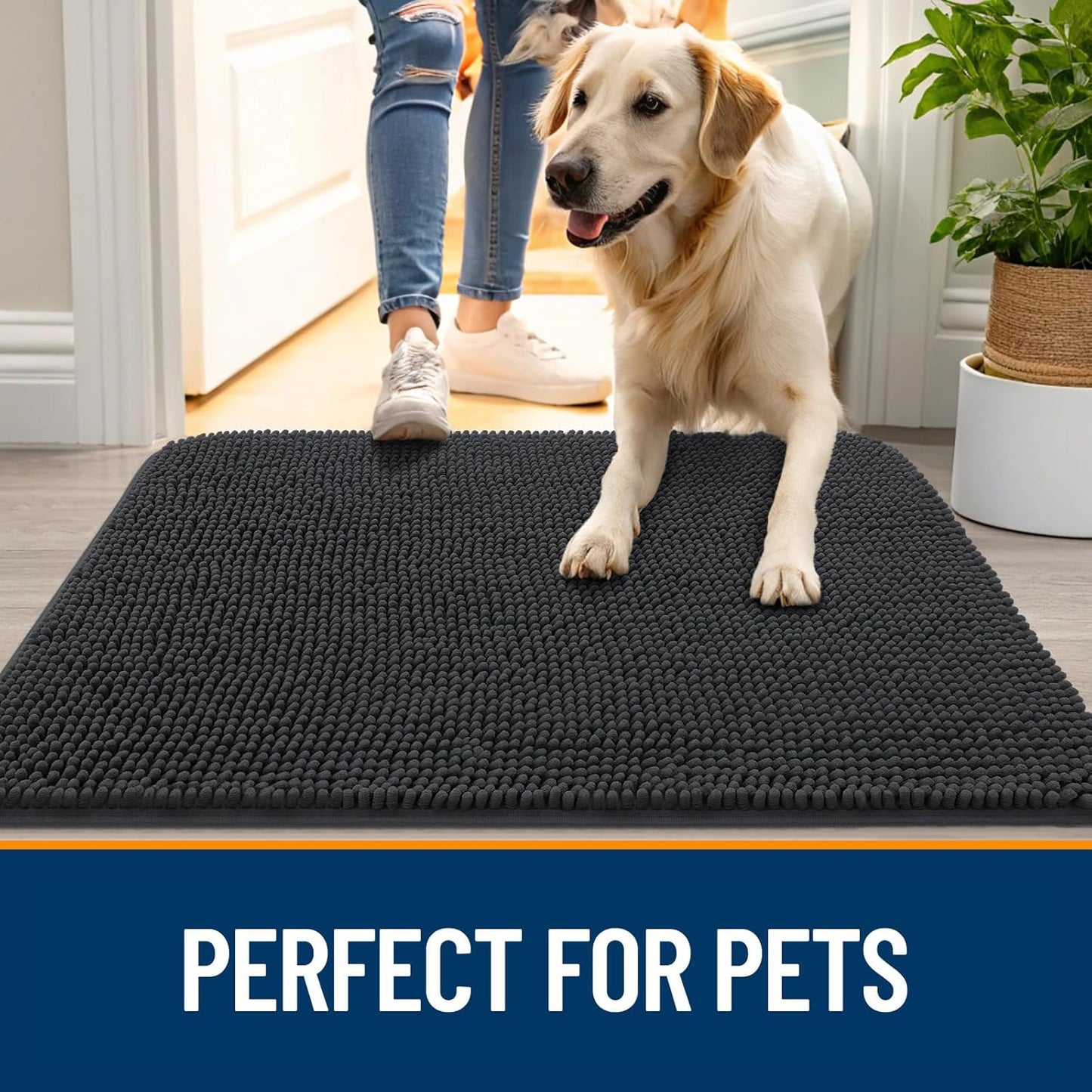 OLANLY Dog Door Mat for Muddy Paws 44x24, Absorbs Moisture and Dirt, Absorbent Non-Slip Washable Doormat, Quick Dry Chenille Mud Mat for Dogs, Entry Indoor Entryway Carpet for Inside Floor, Dark Grey