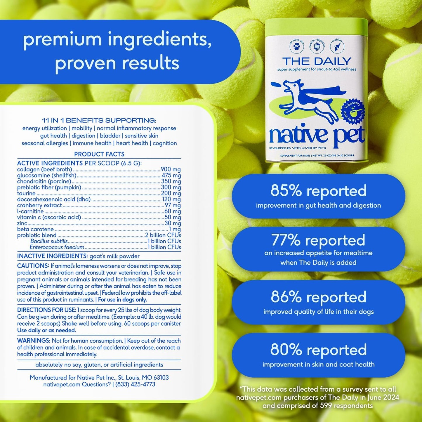 Native Pet Dog Vitamins & Supplements - 11-in-1 Multivitamin Powder for Dogs Food Topper - Collagen, Glucosamine, Probiotics, Omega & More- Supports Healthy Gut, Mobility & Overall Health -30 Scoops