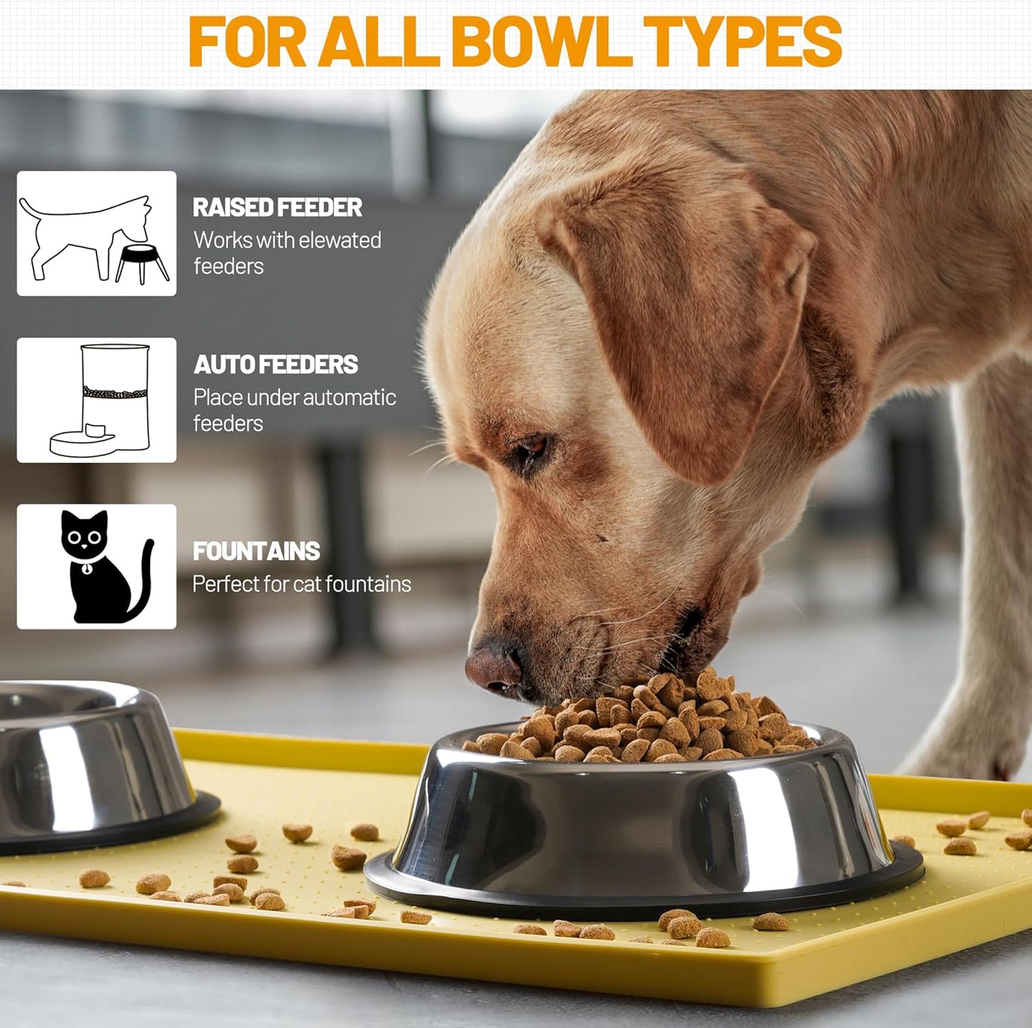 Hubulk Dog Feeding Mat,100% Waterproof Food Grade Silicone Pet Food and Water Bowl Placemat,Dishwasher, High Raised Edge to Prevent Spills,Nonslip Tray to Stop Messes on Floor (24"x16"x0.5", Yellow)
