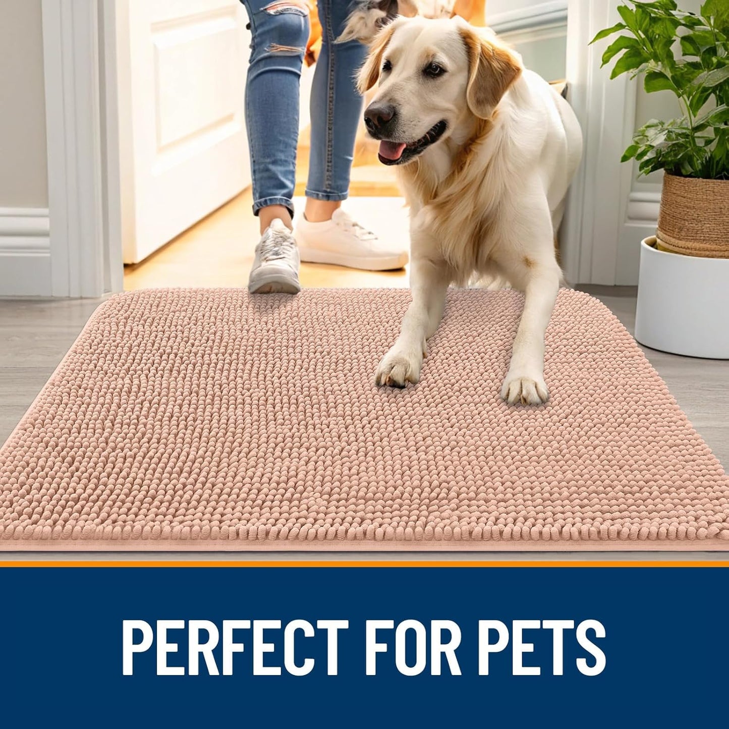 OLANLY Dog Door Mat for Muddy Paws 44x32, Absorbs Moisture and Dirt, Absorbent Non-Slip Washable Doormat, Quick Dry Chenille Mud Mat for Dogs, Entry Indoor Entryway Carpet for Inside Floor, Peach