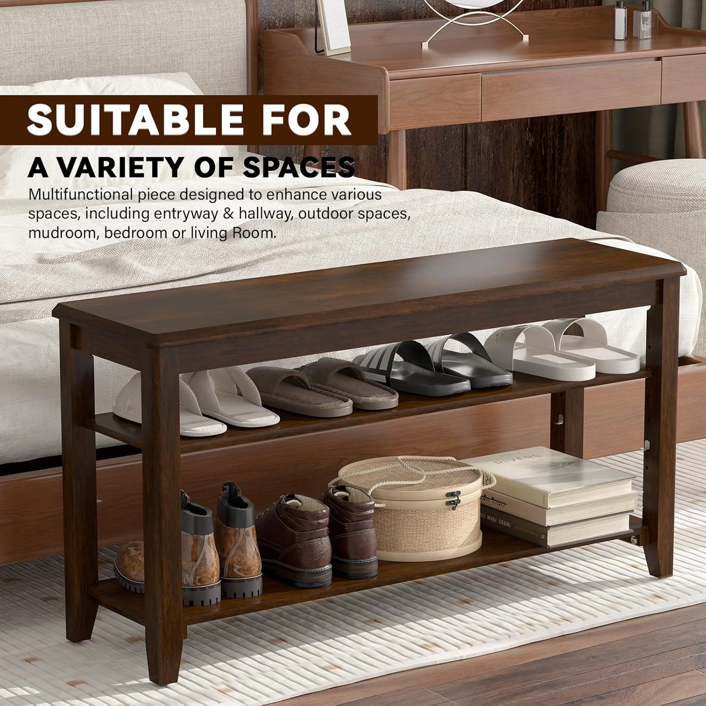 Shoe Bench Storage Rubberwood, Entryway Bench with 3-Tiers Height Adjustable, Shoe Rack Front Door Entrance Organizer for Hallway Living Room, Mudrooms, Walnut,23.6"