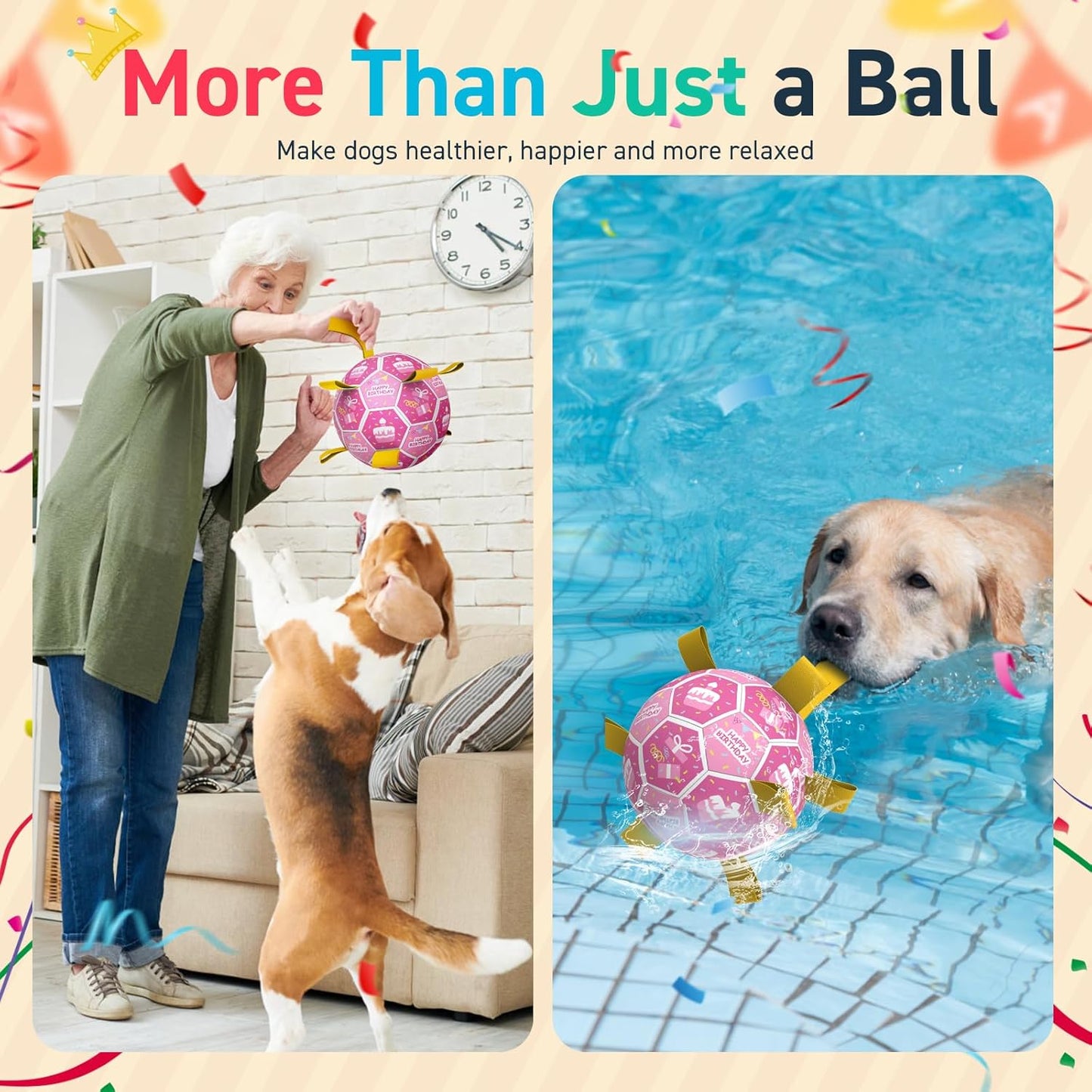 QDAN Dog Birthday Toys, Squeaky Dogs Toys, Dog Soccer Ball with Straps, Puppy Gifts, Herding Balls with Bell Inside, Water Toy, Durable Ropes Ball for Medium Large Dogs (8 inch)