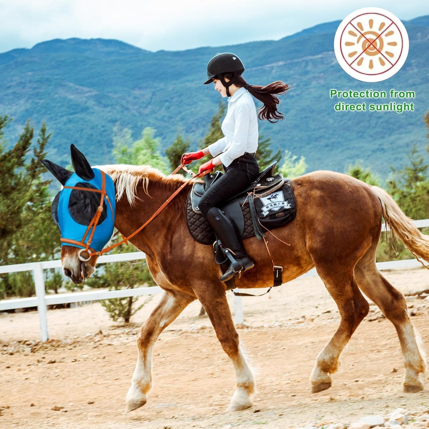 Horse Fly Mask with Ears, Comfortable Fit Stretch Fabric with UV Protection Soft on Skin Breathability for Small/Medium Size Horses (Blue)