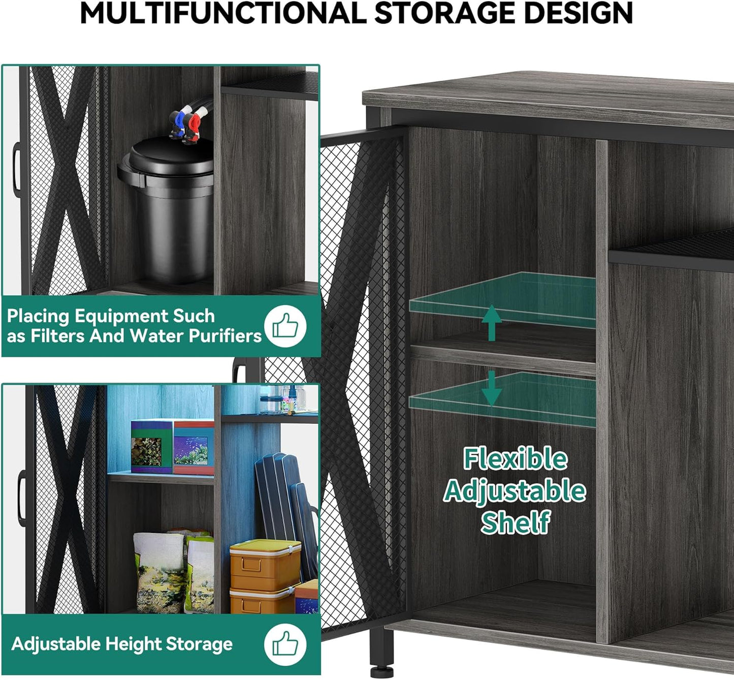 YITAHOME Fish Tank Stand with Power Outlets & LED Light, 40-50 Gallon Metal Aquarium Stand with Cabinet for Fish Tank Accessories Storage for Turtle Tank, Reptile Terrarium, 660LBS Capacity, Grey