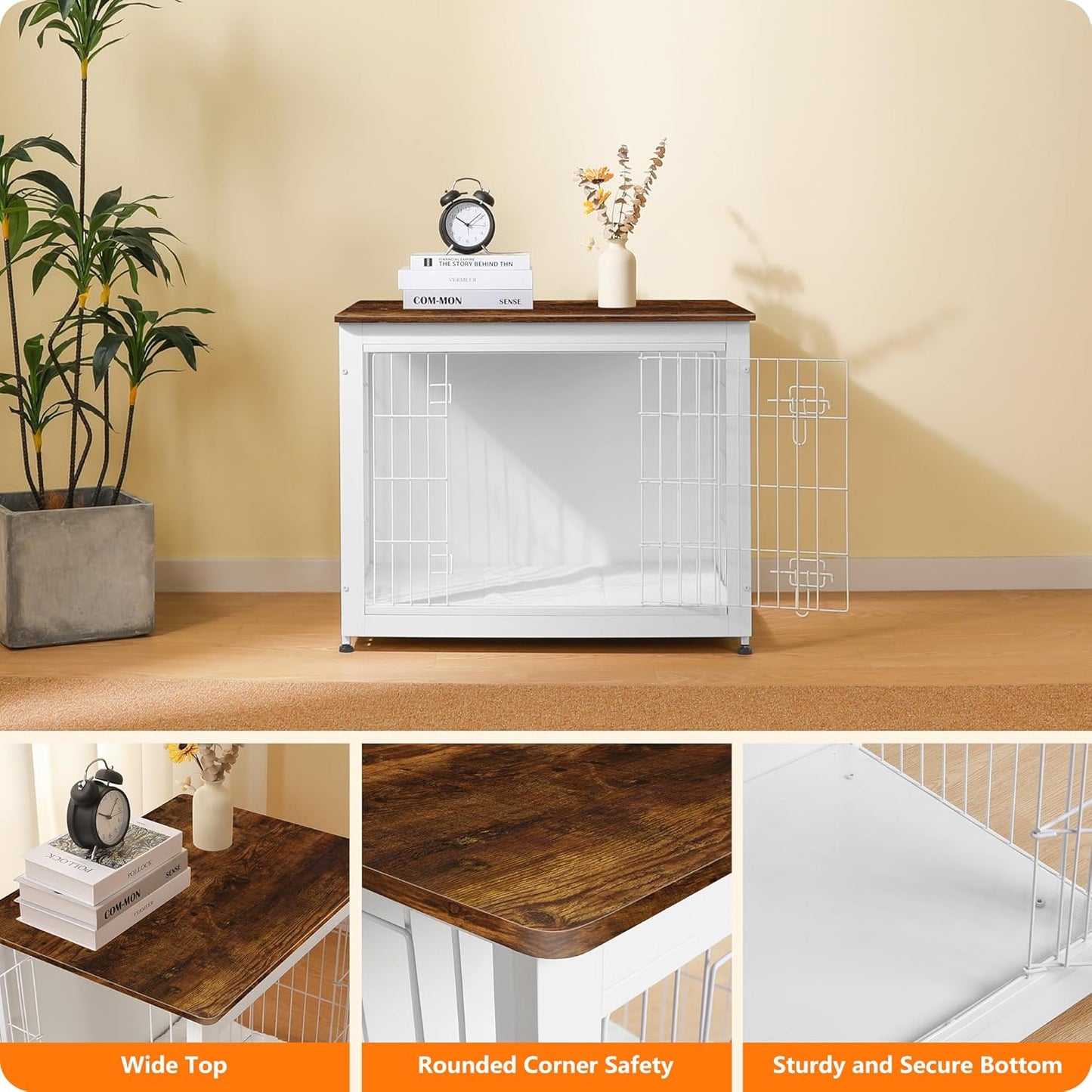 DWANTON Dog Crate Furniture with Cushion, Wooden Kennel Table with Double Doors, Indoor Dog House, Medium Size, 32.5" L, White+Rustic Brown