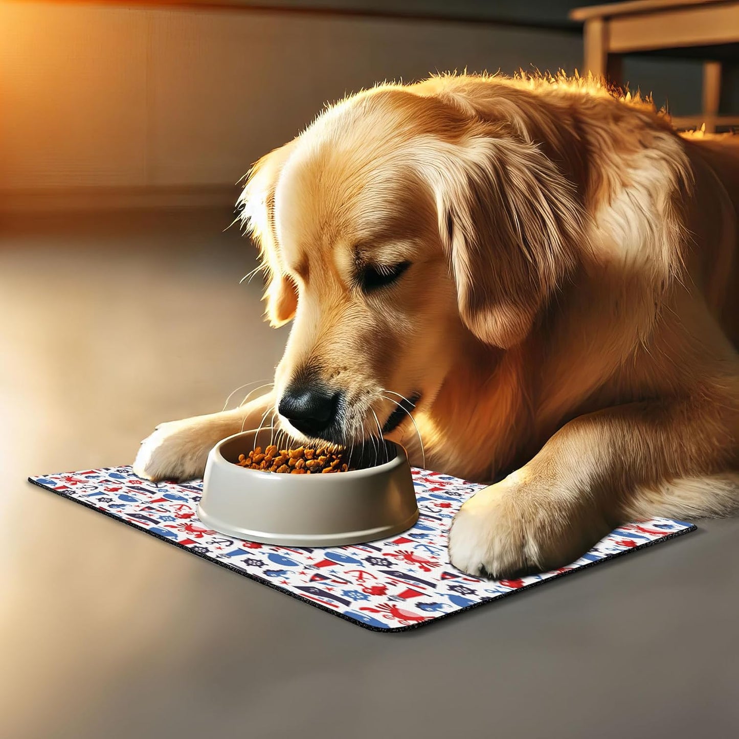 Lunarable Nautical Pet Mat for Food and Water, Steering Wheel Crab Cartoon Style Happy Fun Art Underwater World, Non-Slip Rubber Mat for Dogs and Cats, 18" X 12", Indigo Blue