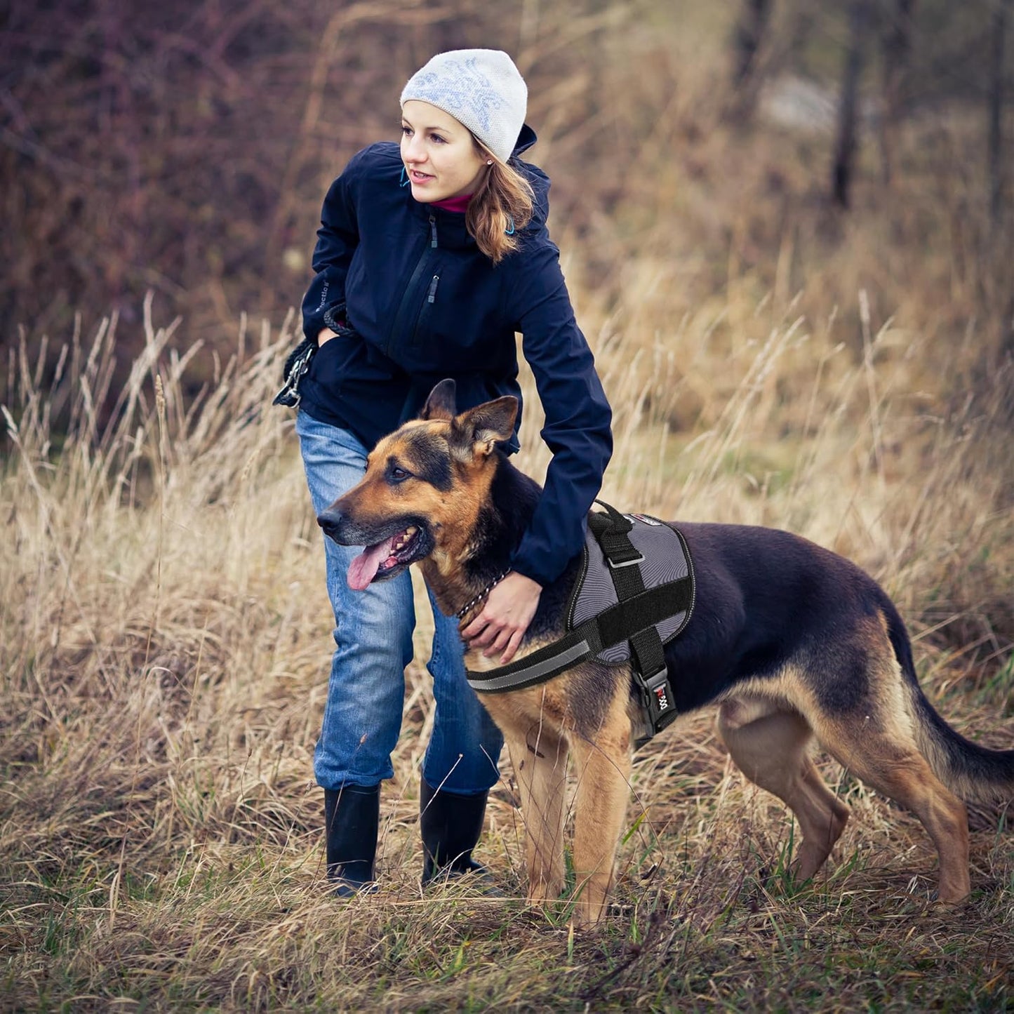 Dogline Dog Harness, Reflective No-Pull Adjustable Vest with Handle for Walking, Training, Service Breathable No - Choke Harness for Small, Medium or Large Dogs Room for Patches Grey XL 33"-46"
