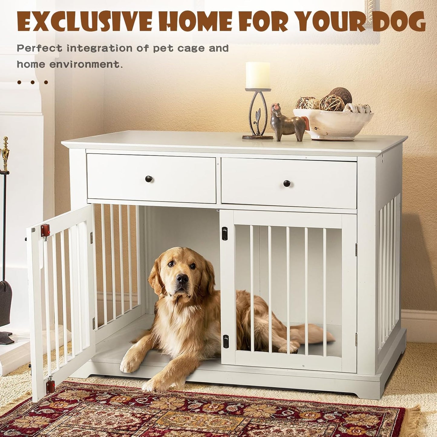 LEMBERI 44 Inch Large Dog Crate Furniture, Wooden Dog Kennel End Table with Storage Drawers, Decorative Pet Cage Dog House Indoor for Dogs