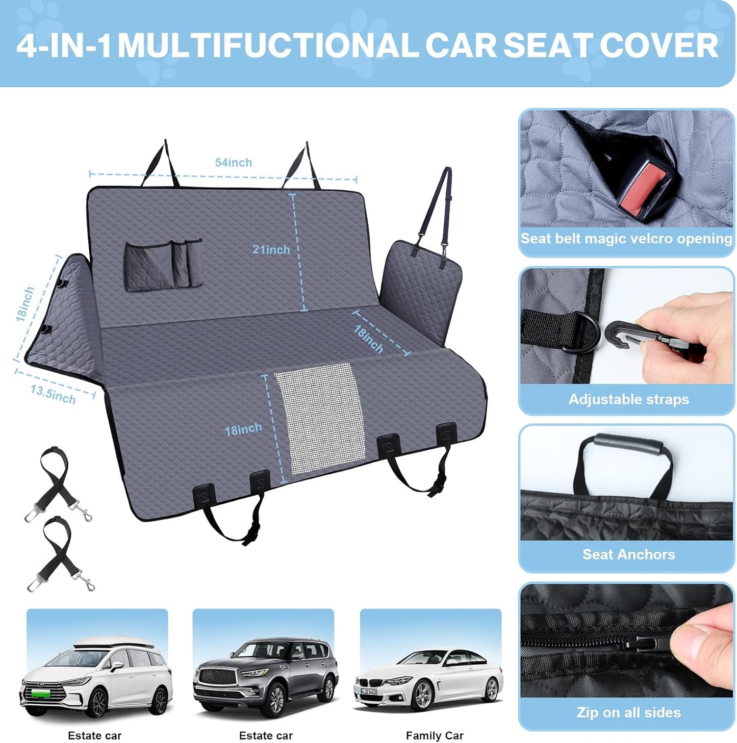 Dog Car Seat Cover for Back Seat, Waterproof Protector with Side Flaps, Scratchproof Hammock, Non-Slip Bottom for Cars/Trucks/SUVs (Grey)