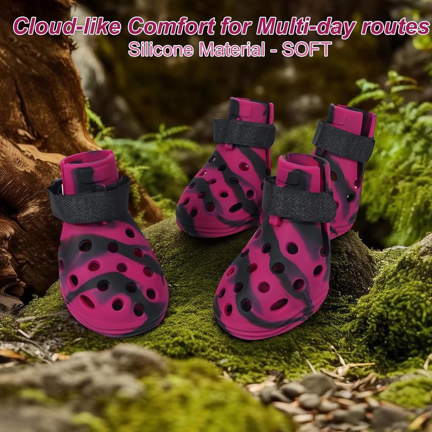 Dog Shoes for Hot Pavement and Snow, Silicone Dog Booties for Small Medium Large Dogs, Waterproof Paw Protectors- Non-Slip, Adjustable Straps, Dog Boots for Beach/Rain/Hiking (Black Pink, L)