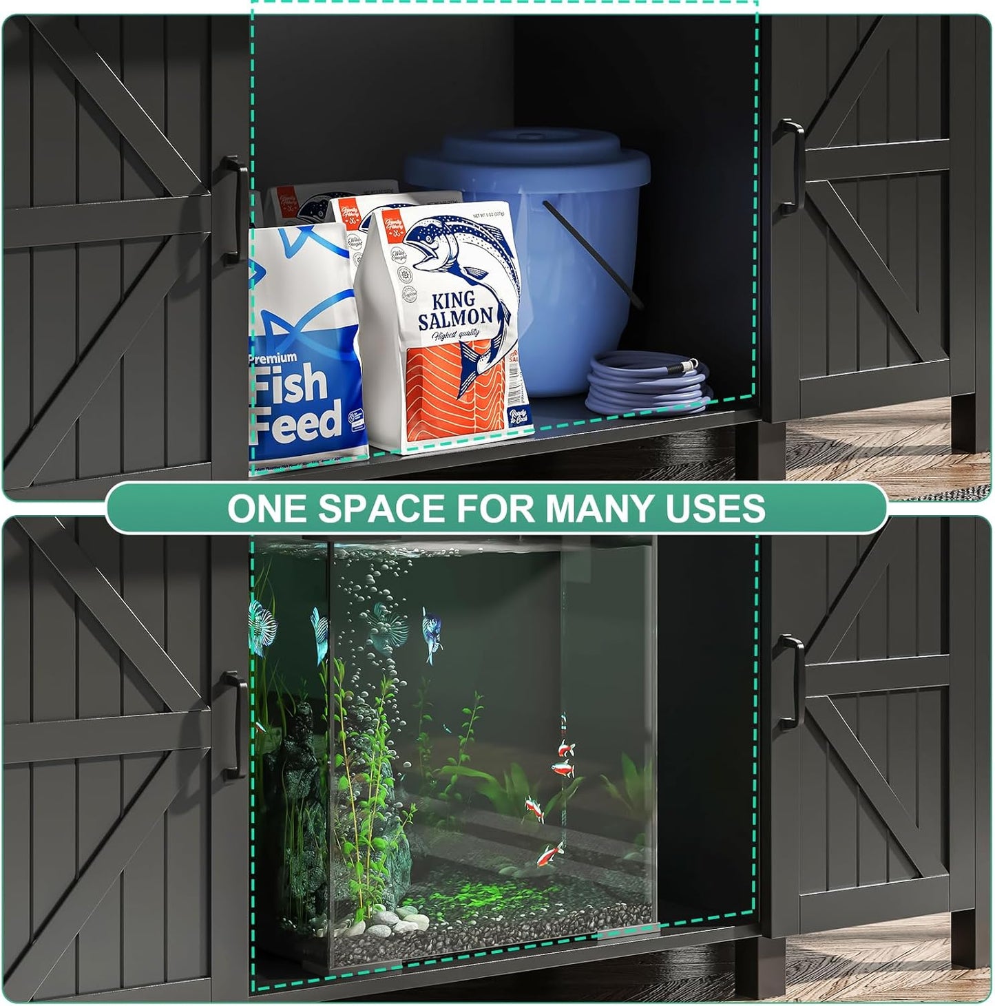 55-75 Gallon Aquarium Stand With Charging Station, Farmhouse Fish Tank Stand, Reptile Tank Stand Terrarium Stand with Drawer and Cabinet Storage, Sturdy Heavy Duty 53.5"×19.7" Tabletop - Black