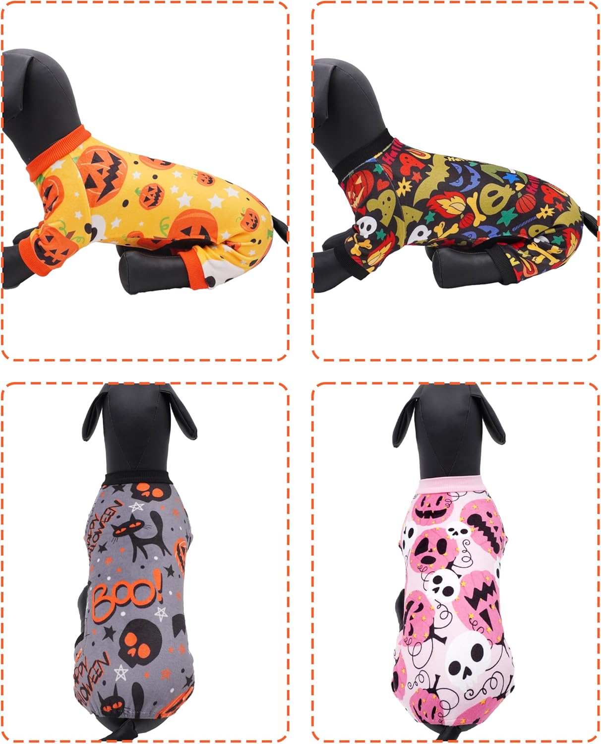 PET SHOW 4 Pack Halloween Dog Pajamas for Medium Dogs Onesie Soft Pumpkin Ghost Soft Fleece Stretchy Jumpsuit Costume Boy Girl PetsPJs with Sleeve Clothes(XL)