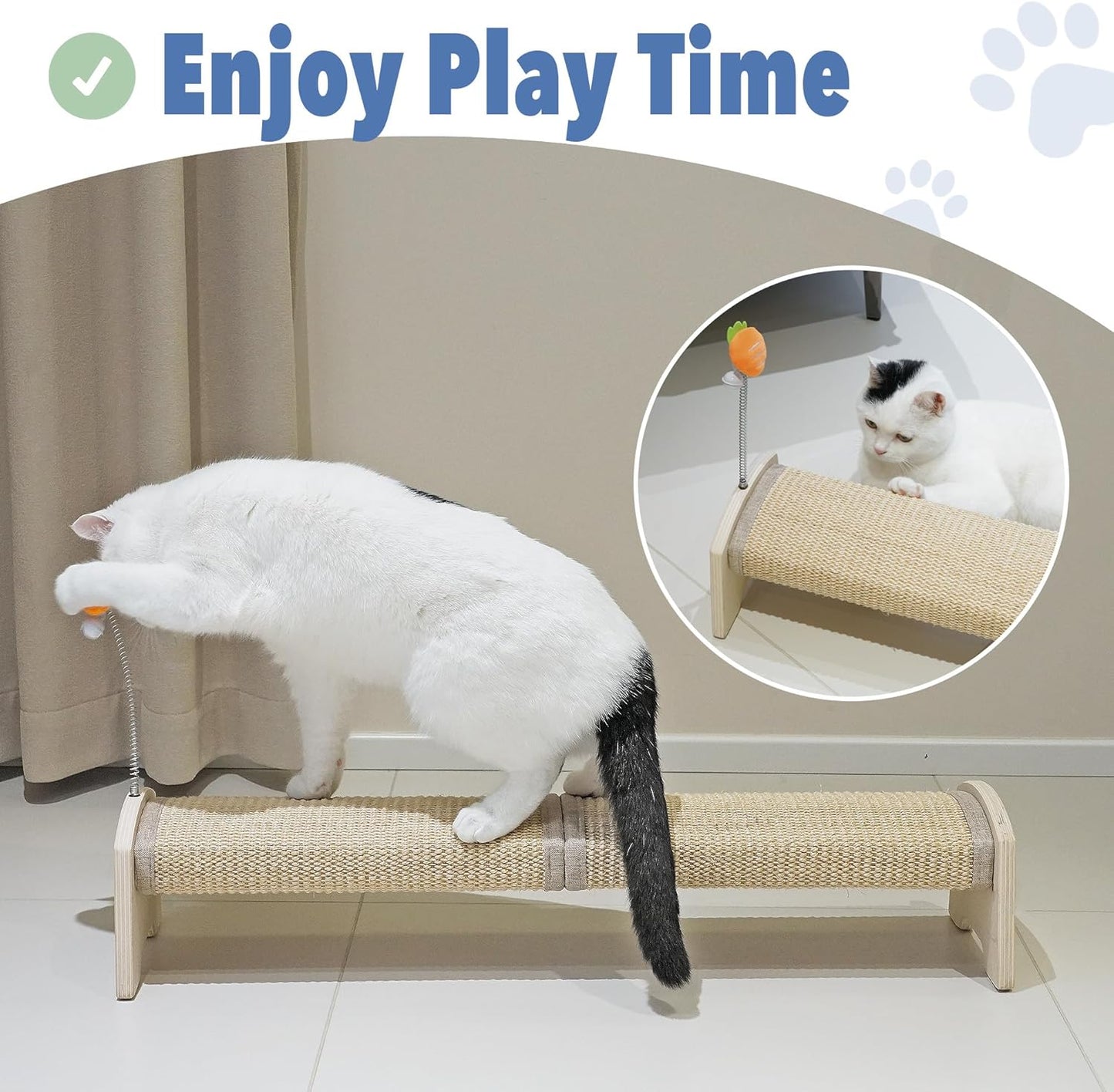 Cat Scratching Post, 30" Horizontal Sisal Scratch Post for Indoor Cats, Durable Cat Furniture Protector with Spring Toy