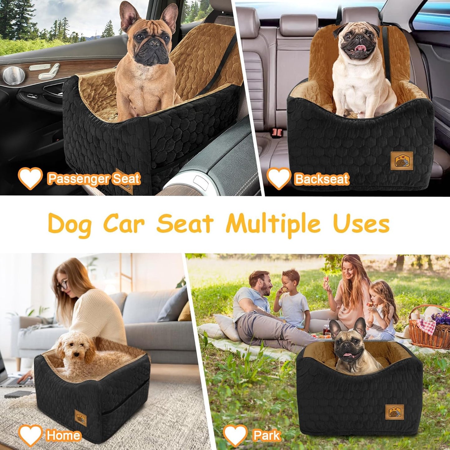 Dog Car Seat for Small/Medium Dogs, Memory Foam Dog Booster Seat, Travel Safety Per Car Seat with Washable Removable Cover, Storage Pockets for Dogs up to 35 lbs(BlackBrown)