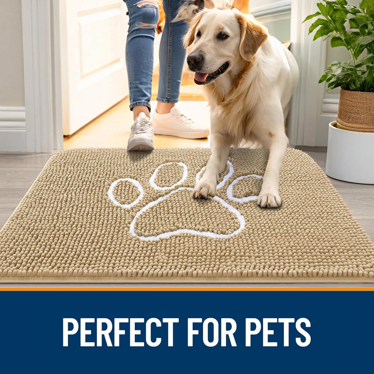 OLANLY Door Mat for Muddy Dog Paws 59x24, Ultra Absorbent Chenille Mud Doormat with Paw Print Design, Non-Slip Washable Doormat for Indoor Entryway, Quick-Dry Pet Bed Mats for Dirty Dogs, Beige