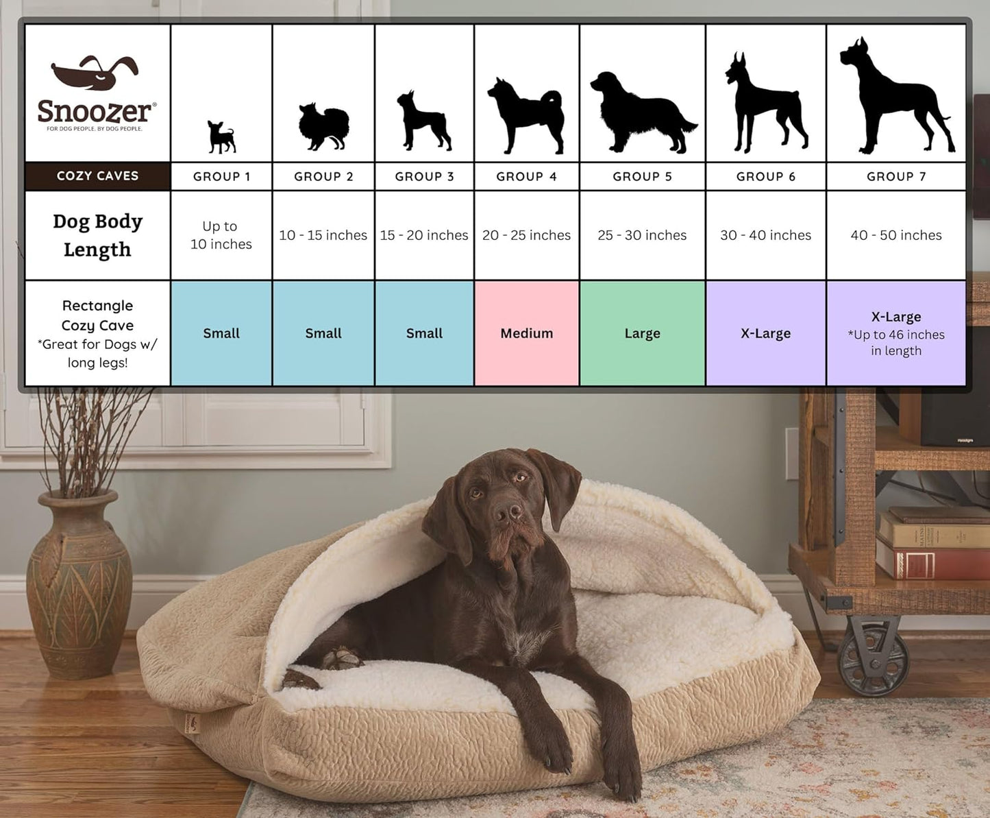 Snoozer Rectangle Cozy Cave Dog Bed - Indoor Dog Bed with Cover Cave, Covered Calming Burrow for Medium & Large Sized Pets with Blanket Attached, Enclosed, Washable - Large, Khaki