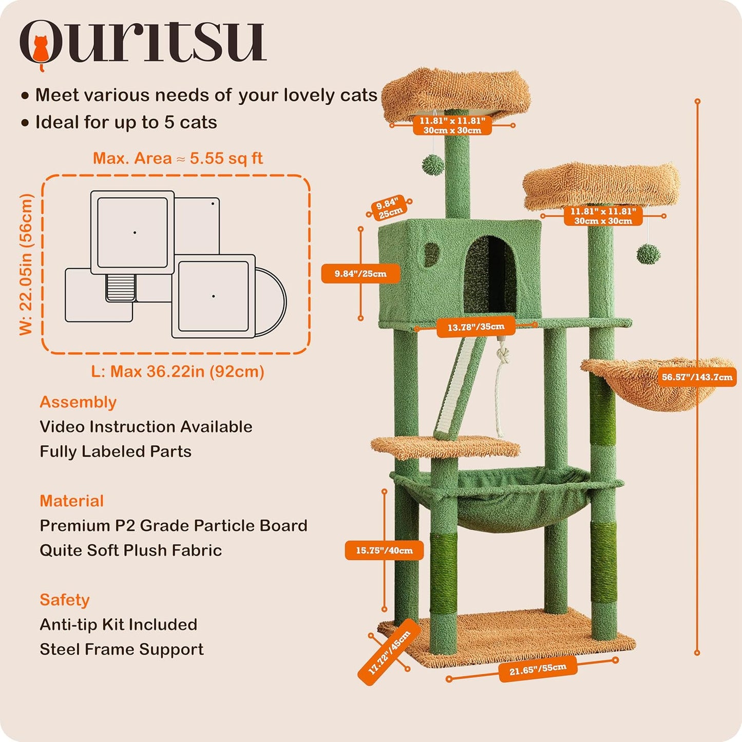 Ouritsu Cat Tree, 56 inch Tall Cat Tower for Large Cat Indoor, Large Condo, 2 Padded Perches, Steel-Framed Hammock, Scratching Post and ramp, Fluffy Basket, Green, LF001GB