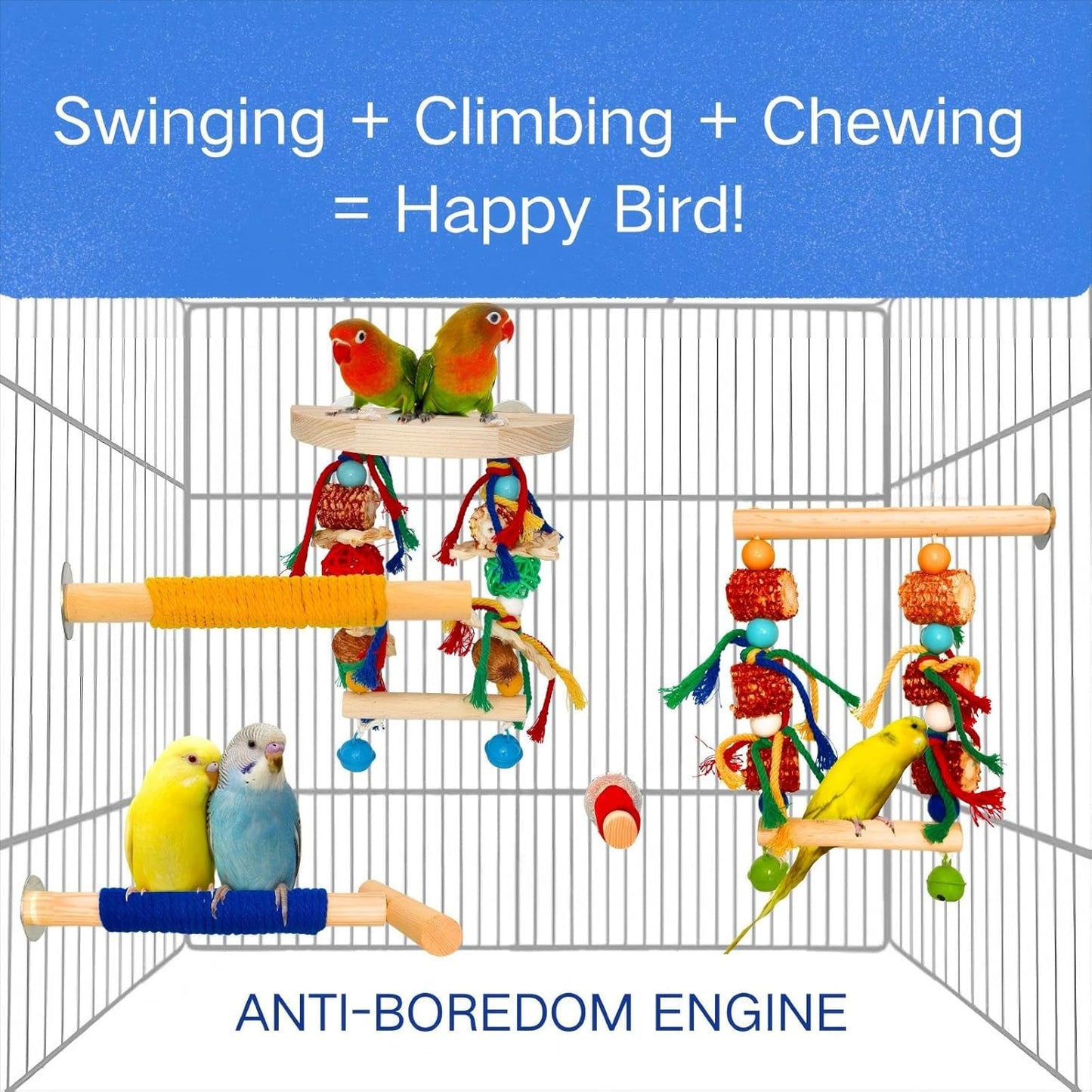 Bird Perches,Natural Wood Birds Stand Branch with Chew Toys,Parakeet Parrot Perch for Cage, Bird Cage Chew Toy & Hanging Toy for Cockatiels Lovebirds Budgies