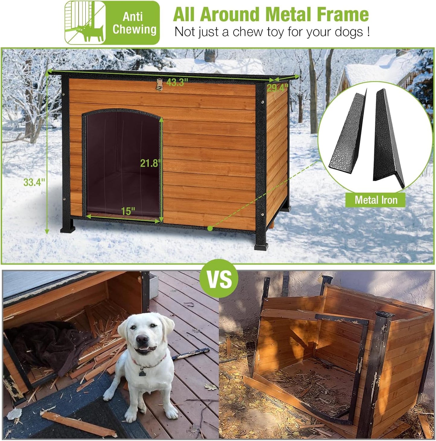 GUTINNEEN Large Insulated Dog House for Winter Outdoor Dog Kennel with Anti-Chewing Metal Frame for Medium to Large Dogs, Brown Color