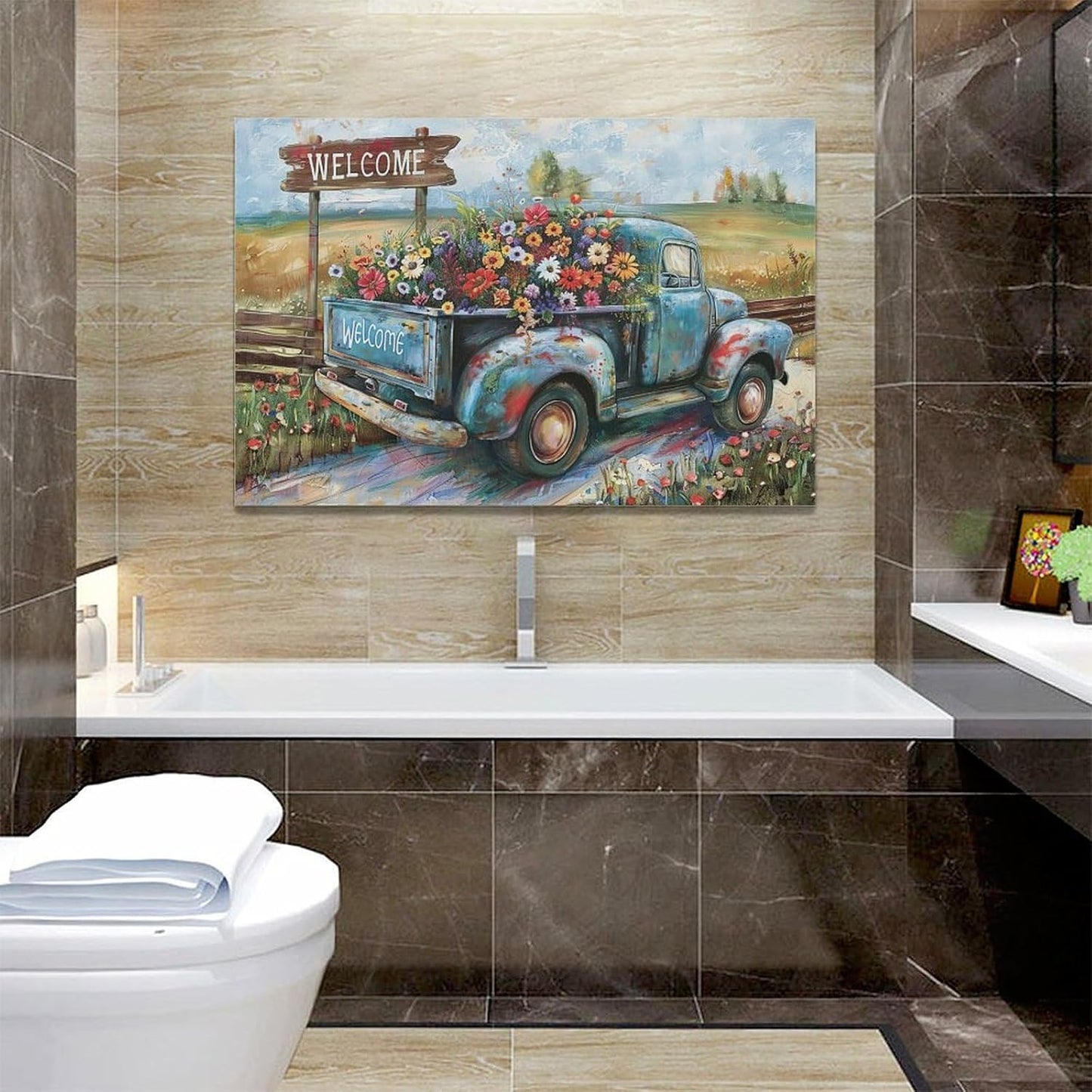 Farmhouse Truck Wall Art Rustic Country Wildflowers Wall Decor Road Flowers Landscape Pictures Canvas Print Painting Artwork for Bathroom Living Room Bedroom 16"x24"