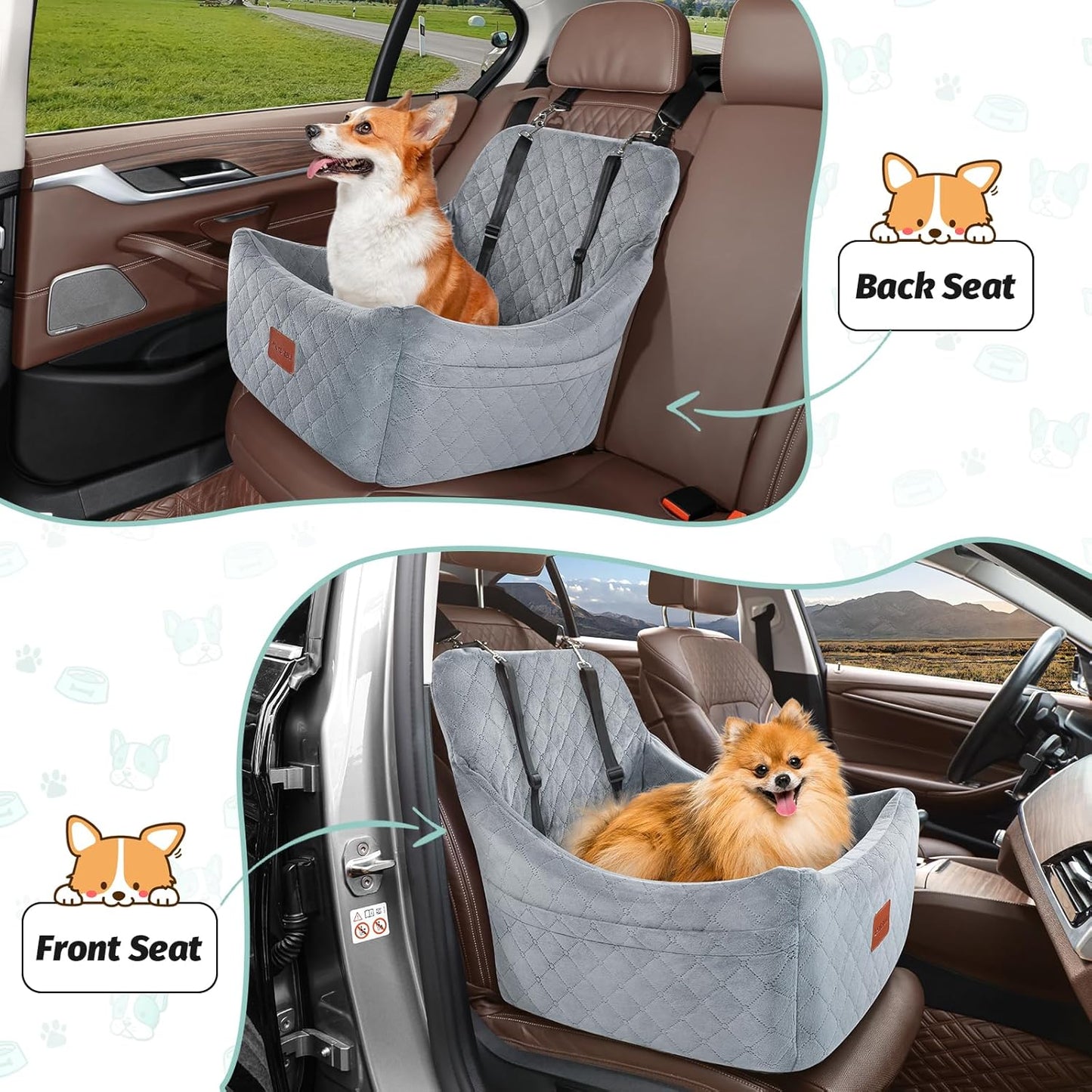 Dog Car Seat for Medium Dogs Up to 35lbs,Fully Detachable and Washable,Easy to Install with Adjustable Straps,Anti-Slip Bottom Travel Car Bed for Pets,Two Side Pockets(Grey,Medium)