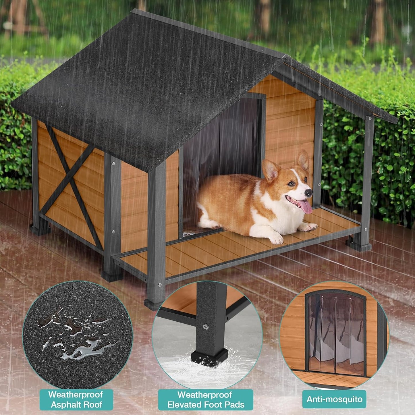 Outdoor Dog House with Insulated Liner,Weatherproof Wooden Dog Shelter for Medium and Large Sized Dogs,Iron Frame Indoor Outdoor Kennel,Pets Warm House in Winter with Large Porch