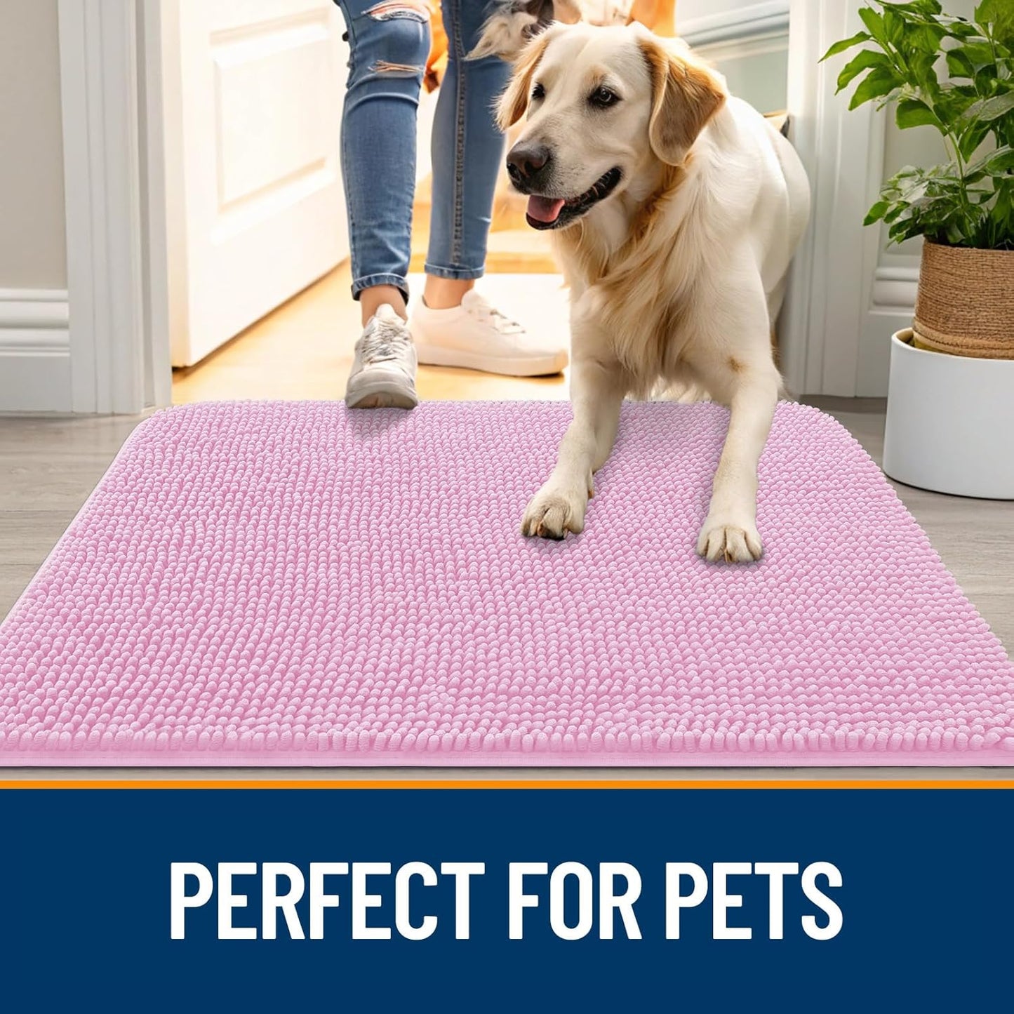 OLANLY Dog Door Mat for Muddy Paws 70x46, Absorbs Moisture and Dirt, Absorbent Non-Slip Washable Doormat, Quick Dry Chenille Mud Mat for Dogs, Entry Indoor Entryway Carpet for Inside Floor, Pink