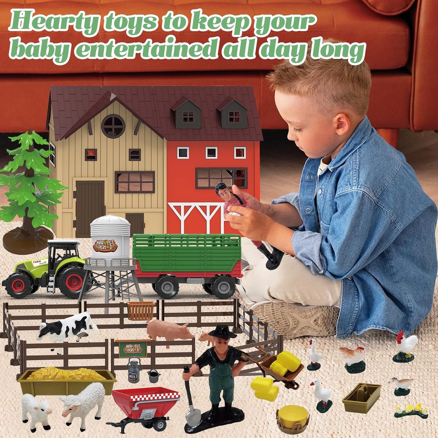 109PCS Farm Animals Toys Set Comes with Barn, Rice Storehouse, Rice Trolley, Milking shed, Farmer, Fence - Playset for Kids Toddlers Boys Girls 5+ Years Old