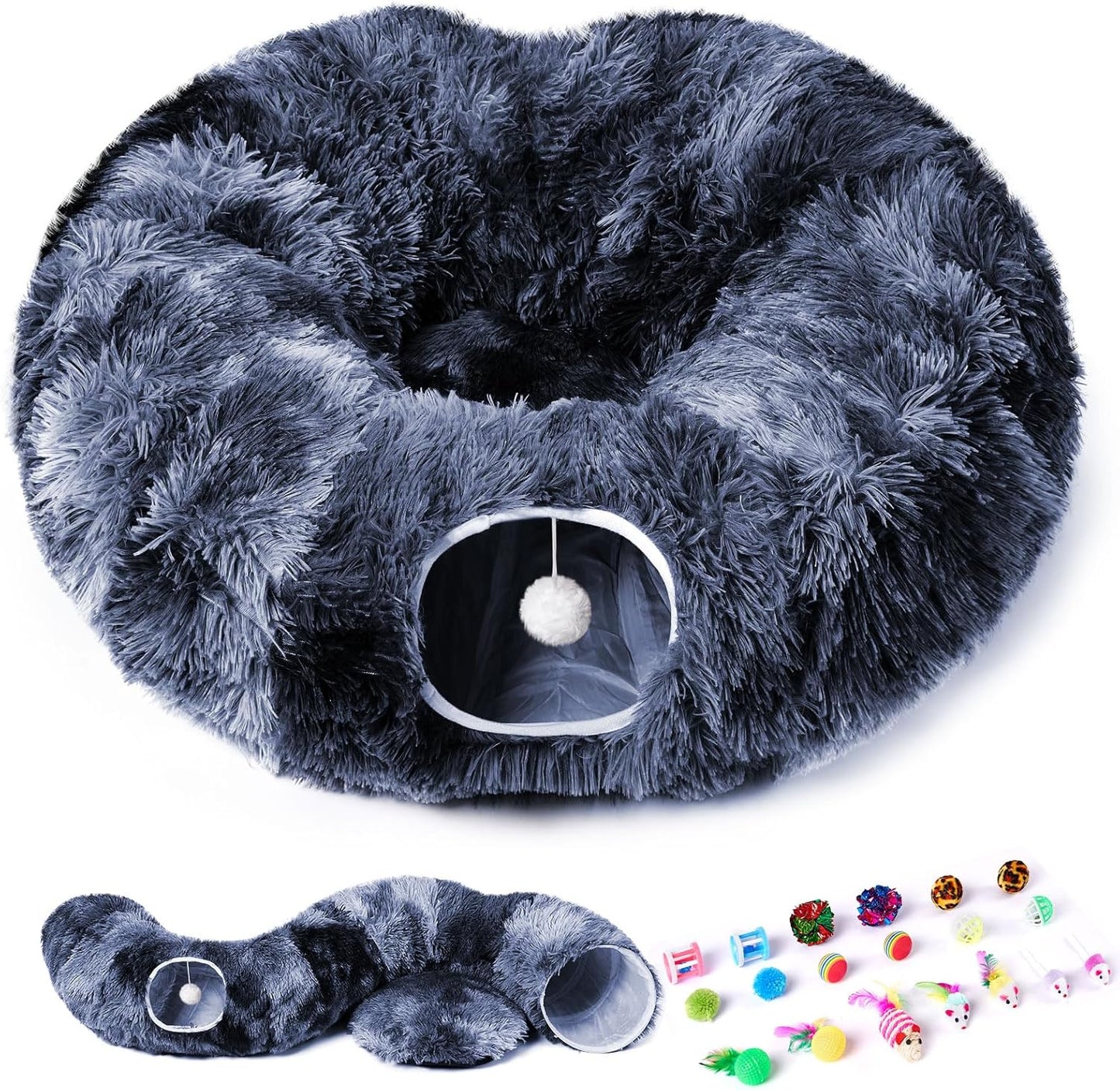 Odoland Cat Tunnels for Indoor Cats with Fluffy Plush Central Cat Couch and 20 Cat Toys, Tunnel Bed for Cats with Hanging Ball, Detachable Soft Mat and Variety Kitty Toy Set, Deep Blue
