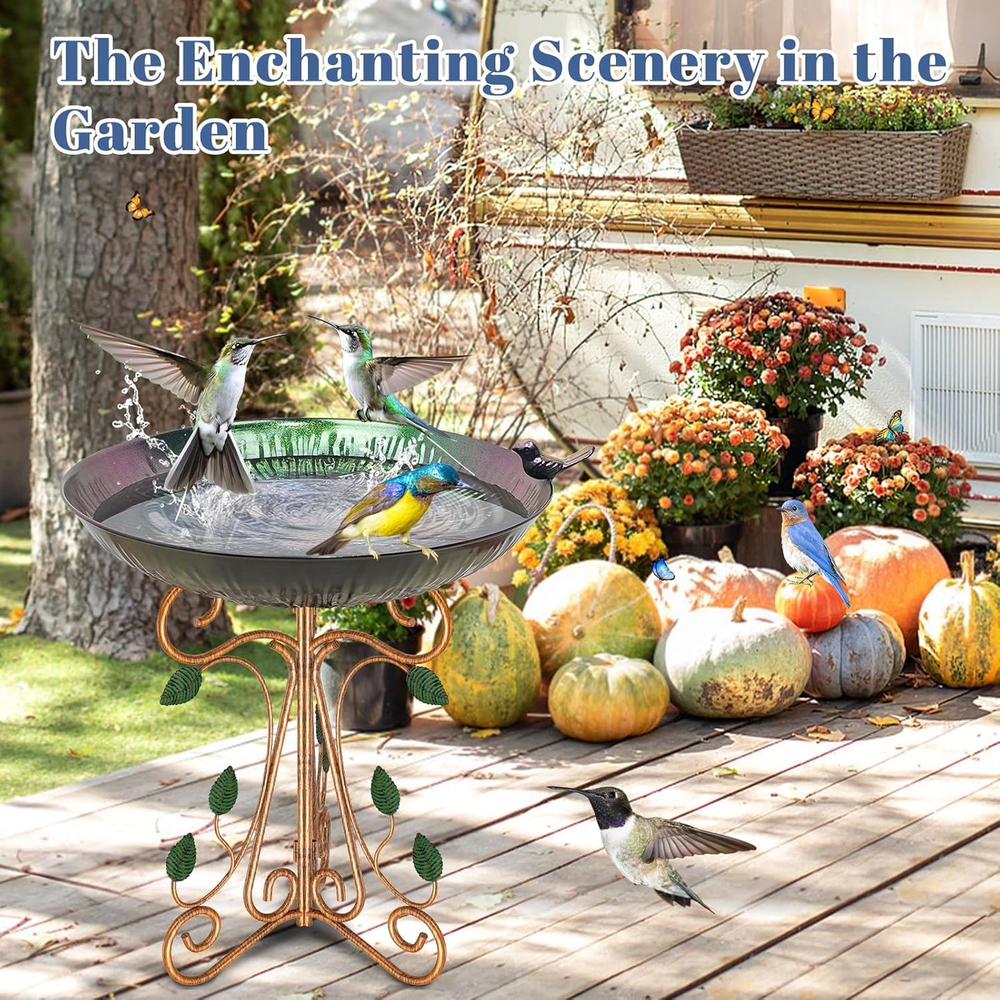 Vintage Metal Bird Bath for Outside, 13" Dia Birdbaths Bowl with Cast Iron Pedestal, Large Antique Bird Feeder with Folding Bracket for Outdoors Garden Patio Yard Decor (Purple Lotus)