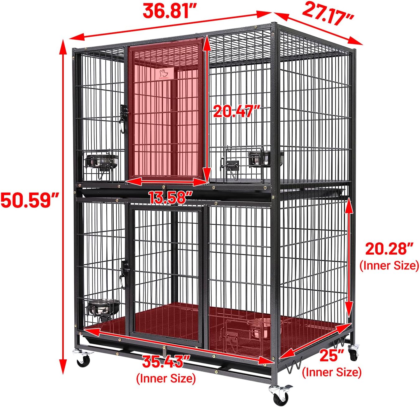 Homey Pet Two Tiers 37 Inch Dog Crate Cage Kennel with Feeding Door and Bowls, Lockable Wheels and Removable Tray, Escape Proof Metal Wire Heavy Duty Dog Crates for Medium/Small Sized Dogs (4 Pack)