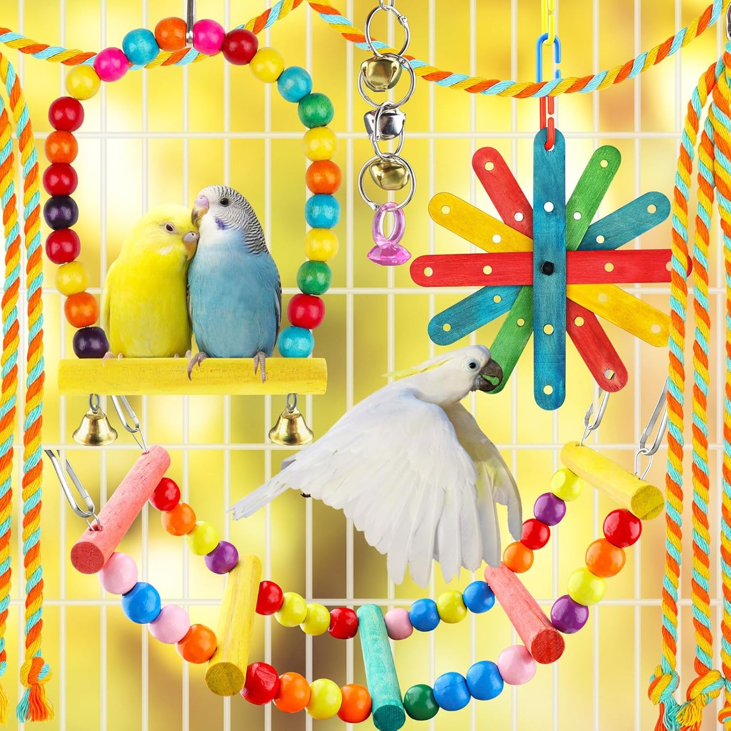 8 pcs Bird Toys for Parakeets with Colorful Ladder Hammock Bird Cage Accessories Bird Perch Stand Chewing Toys Hanging Bell Parrot
