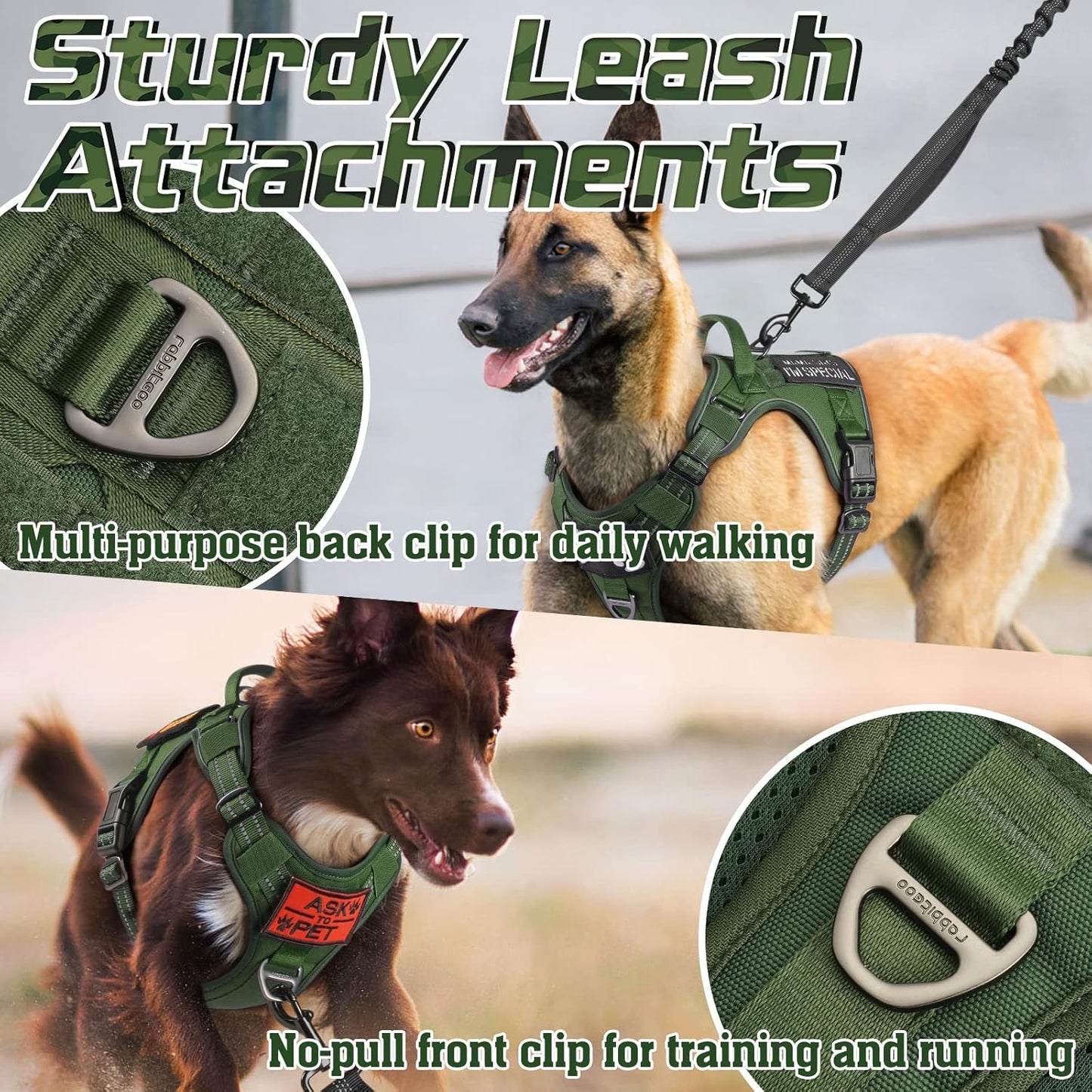 rabbitgoo Tactical Dog Harness for Small Dogs, No Pull Military Service Vest with Handle & Molle, Easy Control for Training Walking, Adjustable Reflective Straps, Green, S