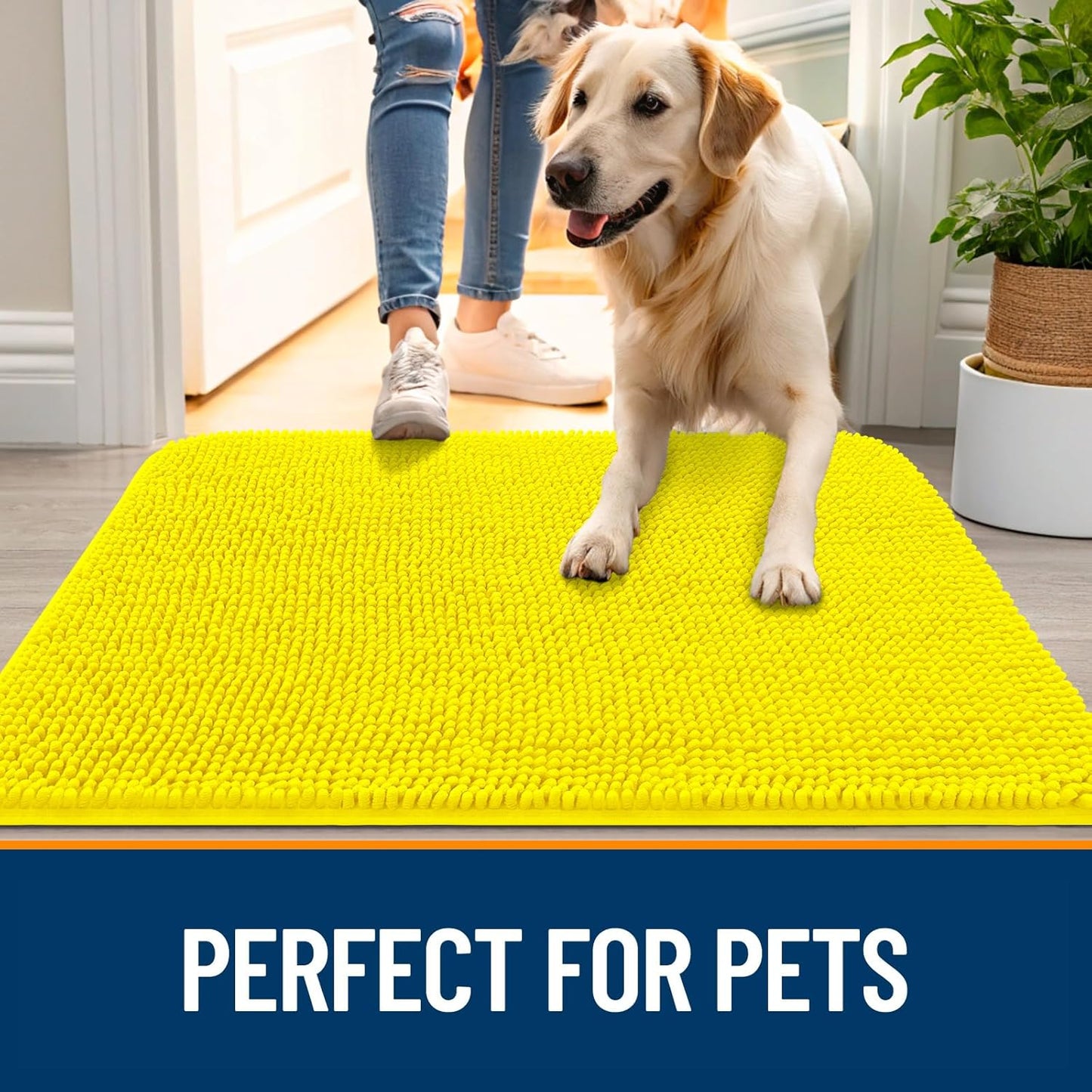 OLANLY Dog Door Mat for Muddy Paws 36x24, Absorbs Moisture and Dirt, Absorbent Non-Slip Washable Doormat, Quick Dry Chenille Mud Mat, Entry Indoor Entryway Carpet for Inside Floor, Lemon Yellow