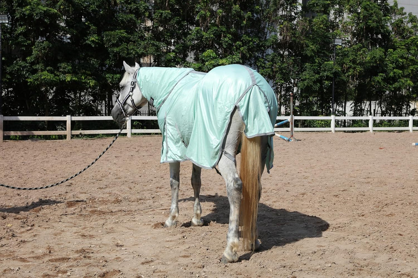 Horse Fly Sheet with Detachable Neck Cover & Belly Wrap, Adjustable Fly Sheet for Horses, Ventilated Airflow Mesh Equine Cooling Summer Flysheet Green 69