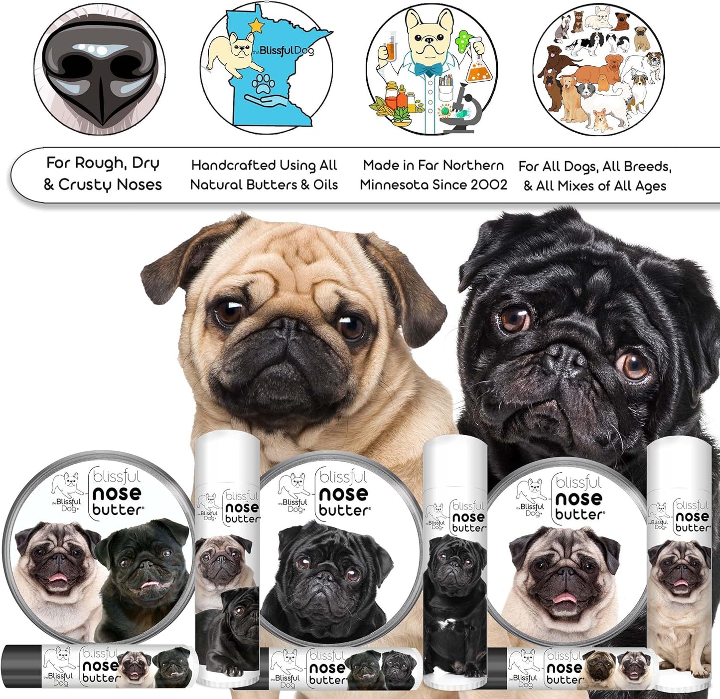 The Blissful Dog Black Pug Nose Butter for Dry, Cracked Skin, Lick-Safe Dog Nose Balm with Moisturizing Shea Butter, Almond, Olive, and Essential Oils, Pet Supplies, Uncented, 8 oz.