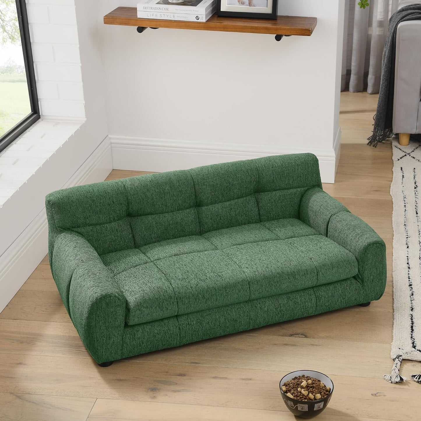 Dog Couch Bed, Mini Sofa for Dogs with Backrest and Armrest, Durable Pet Sofa with Soft Foam Cushion, Elevated Dog Couch Bed with Legs for Medium and Large Dogs, Emerald Green