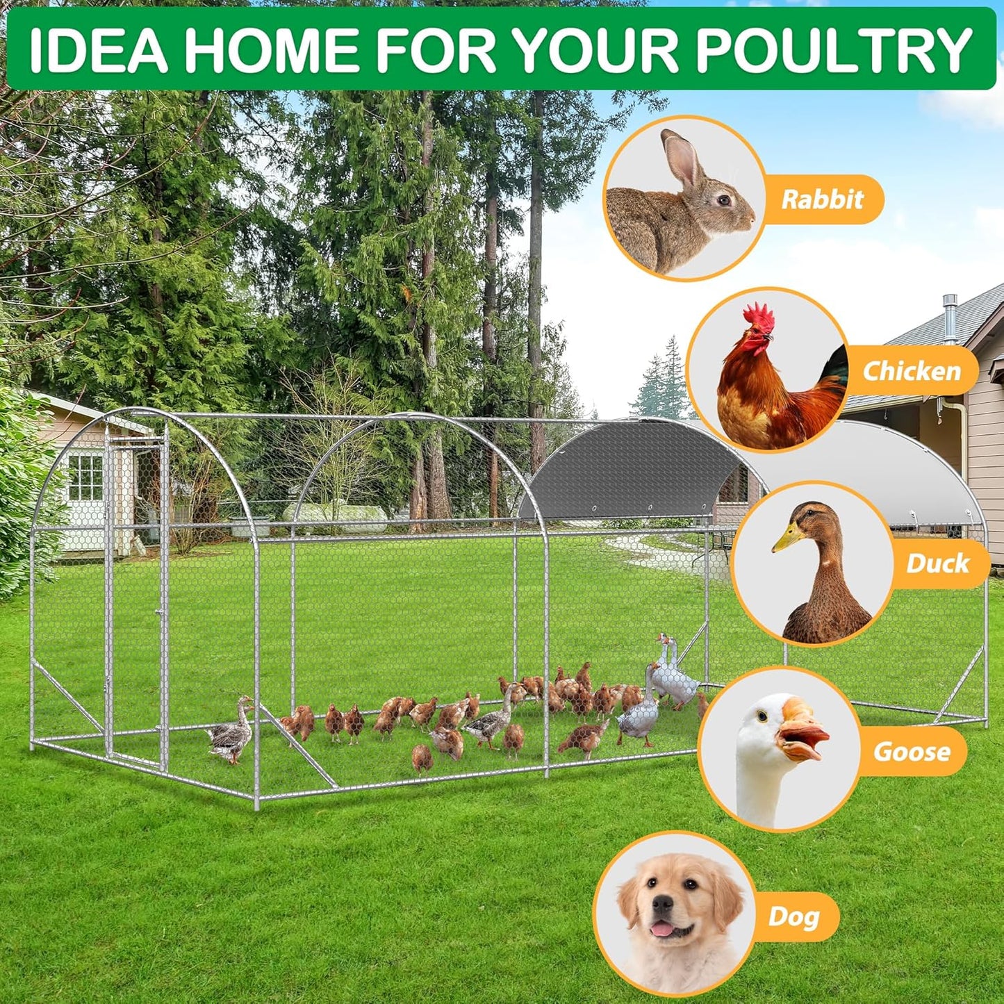 Large Metal Chicken Coop, Walk-in Chicken Run Pen with Waterproof Cover, Dome Roof Poultry Cage for Outdoor, Backyard, Farm (8.96'Wx18.9'Lx6.4'H)