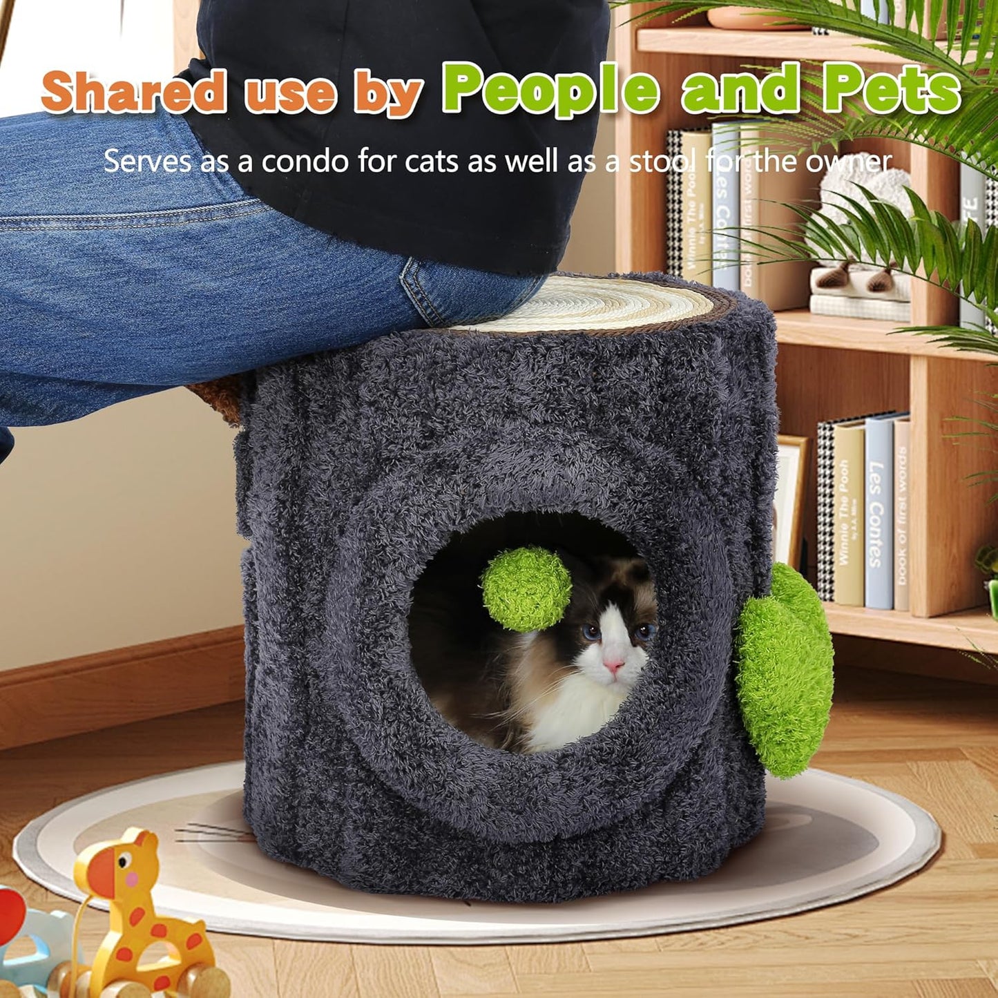 NUNU Cat Tree Tower with Scratch Table & Soft Cushion, Cat Condo Tree Cave for Small Kittens, Cat House with Hanging Ball Toy for Indoor (Grey)