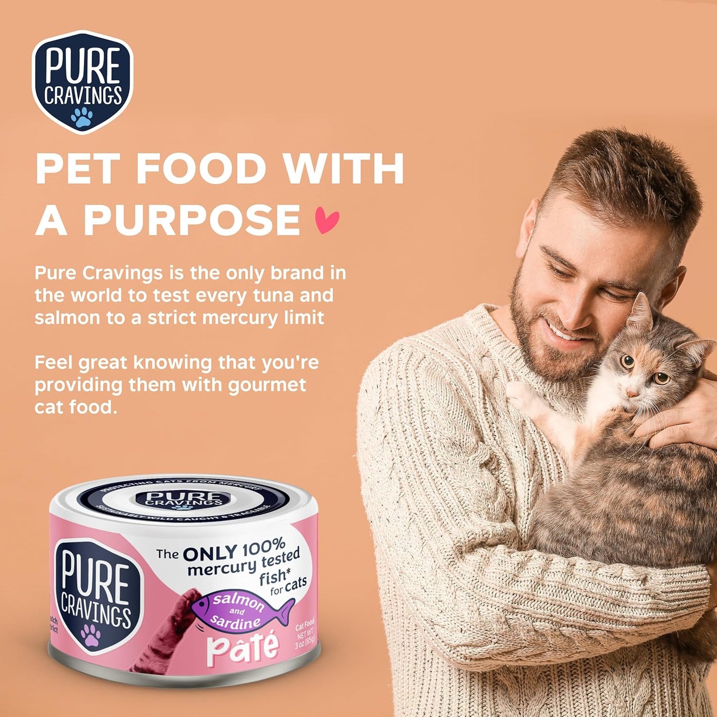 Salmon and Sardine Pate, Canned Wet Cat Food, 100% Mercury-Tested, Moist Can Fish, Grain-Free Protein, Non-GMO, 12 Pack