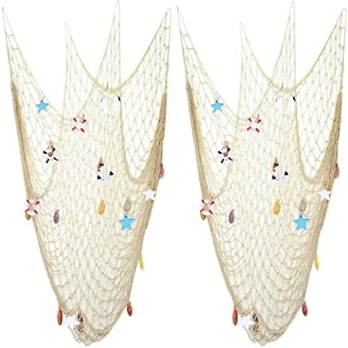 Nature Fish Net Wall Decoration with Shells, Ocean Themed Wall Hangings Fishing Net Party Decor for Pirate Party,Wedding,Photographing Decoration (2pack-Beige/Beige)