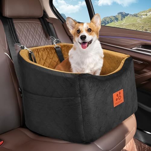 Dog Car Seat for Small Medium Dogs, Memory Foam Booster Car Seat for Dogs up to 35 lbs, Elevated Pet Car Seat, Travel Bed with Washable Removable Cover and Storage Pockets (Black/Coffee)