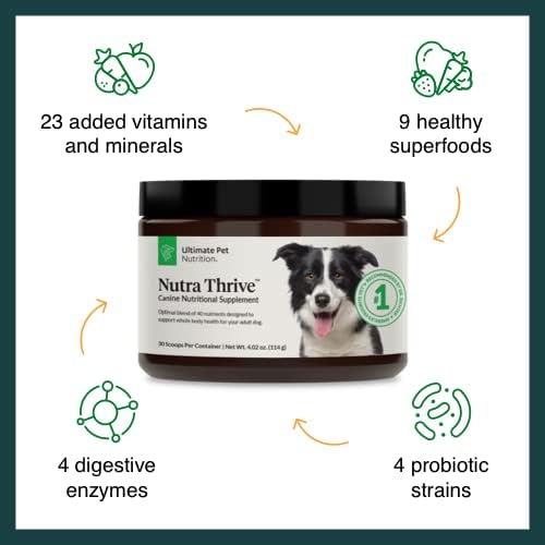Ultimate Pet Nutrition Nutra Thrive Canine, 40-in-1 Nutritional Powder Supplement for Dogs with Digestion and Immune Support, Vitamins, Minerals, Probiotics, Enzymes, 30 Scoops