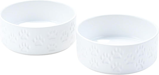 SPUNKYJUNKY Ceramic Dog Bowls 2 Pack, 7.3'' Dog Food Water Double Feeding Bowls Non-Slip for Medium to Large Sized Breed Microwave Dishwasher Safe - 42 OZ, 2pcs, Paw White