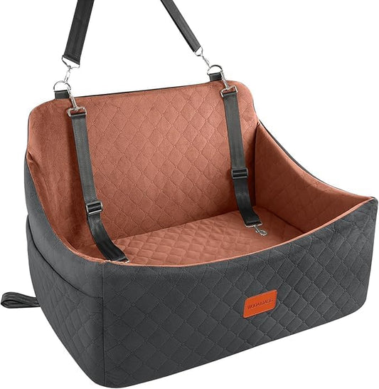 Dog Car Seat for Medium & Large Dogs Up to 55lbs, Memory Foam Cushion, Washable Cover, Safety Straps & Non-Slip Bottom(Black/Brown,Large)