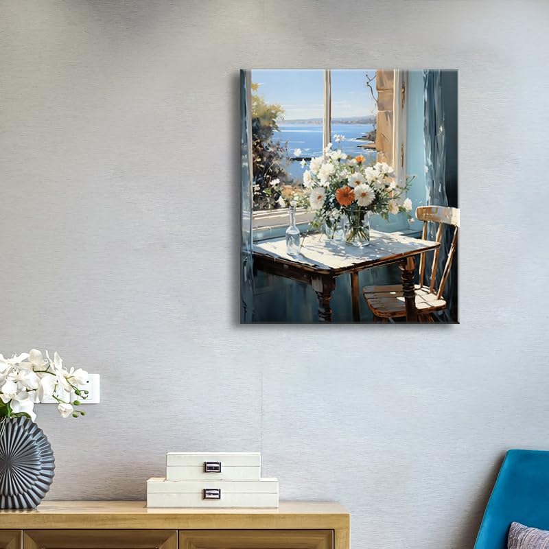 weiyiart Wall Art for Bathroom Decor Coastal Floral Canvas Print Painting Daisy Flowers Sea Picture Farmhouse Ocean Seascape Artwork for Home Living Room Bedroom Office 12x15inch