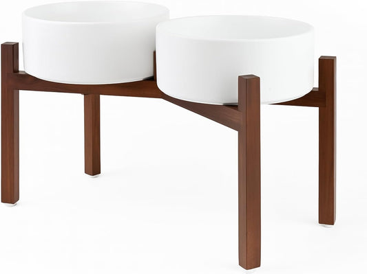 SPUNKYJUNKY Raised Ceramic Dog Bowls Set with Non-Slip Acacia Wood Stand for Large Sized Dog(60.87 OZ, White)