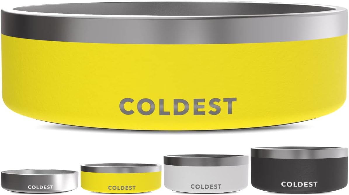 Coldest Dog Bowl - Anti Rust Metal, Non Slip, 3 Layers Insulated Stainless Steel Dog Bowls - Spill Proof & Heavy Duty - Water Bowl for Dogs, Cats & Pets, Dish Washer Safe (42 oz, Solar Yellow)